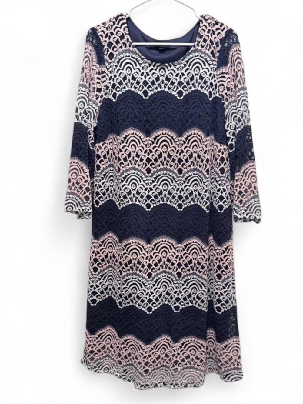 Tacera Navy, Light Pink & White Lace-Pattern Midi Dress